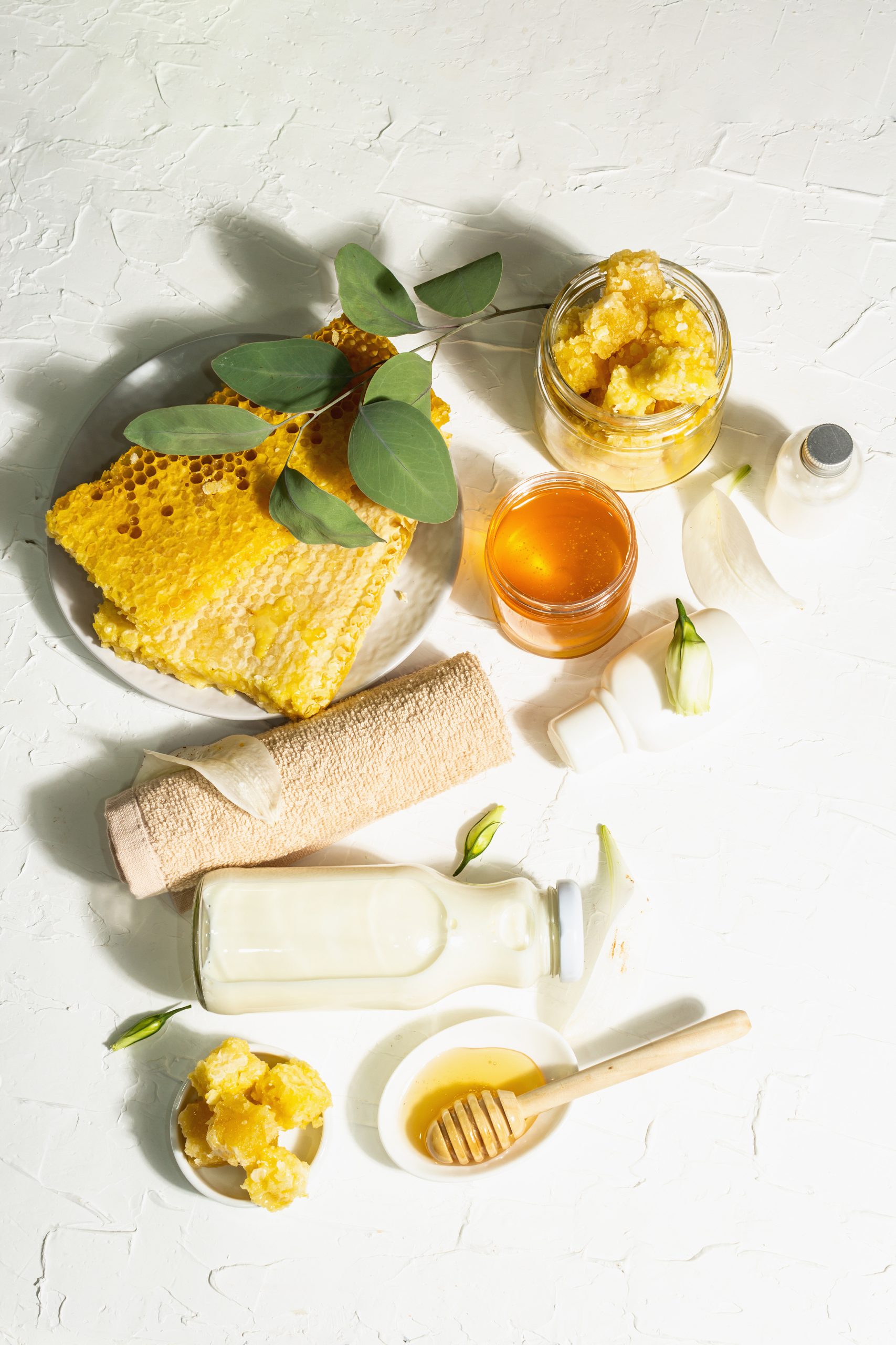 Spa concept with honey and milk. Natural cosmetics, organic ingredients. Hard light, dark shadow. White putty background, top view